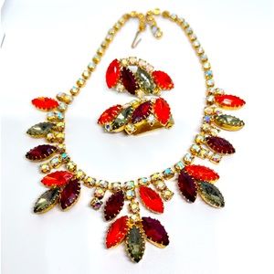 La Rel Vintage Rhinestone Necklace Earrings Set Autumn Colors Red Green Orange